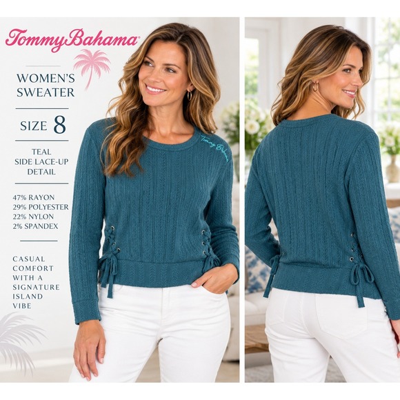 Tommy Bahama Sweaters - Tommy Bahama Womens 8 Teal Pointelle Knit Lace Up Side Pullover Sweater #1912